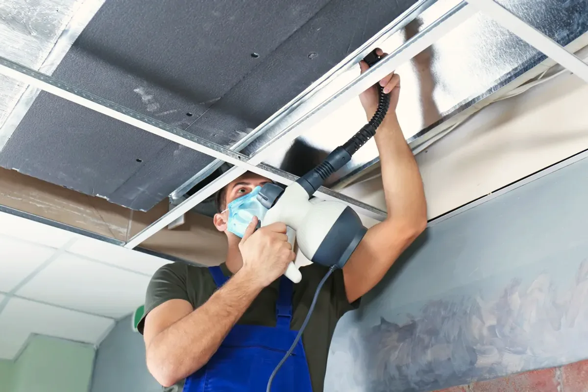Worker in a mask cleaning a ceiling air duct with a handheld tool