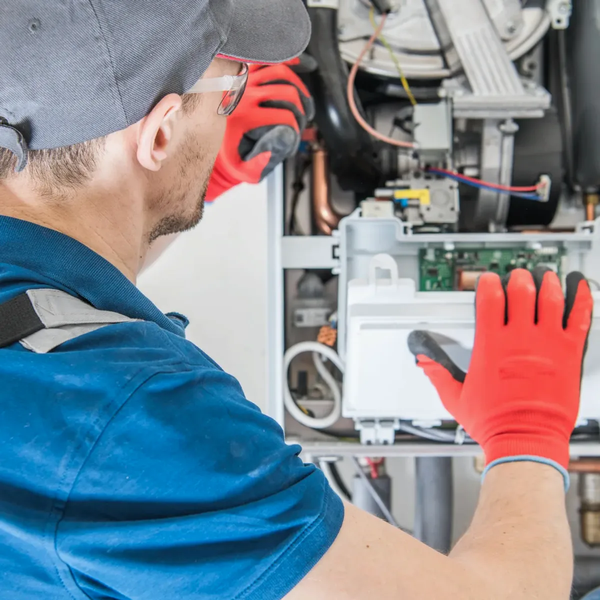 Technician in red gloves servicing a boiler's controls